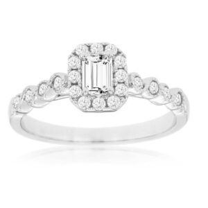 14 Karat White Gold Diamond Emerald Halo Engagement Ring
