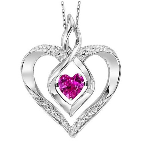 Sterling silver diamond heart pendant with created pink tourmaline gemstone.