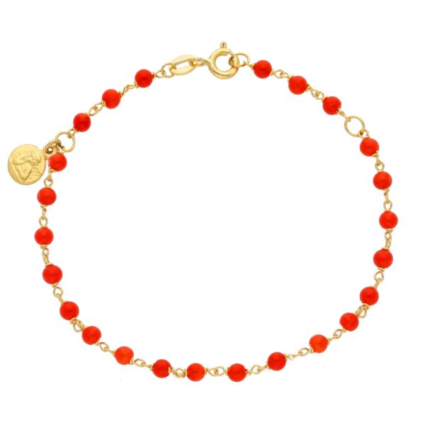 18 karat yellow gold bracelet with coral stones and angel charm. 16+2 cm. MADE IN ITALY.