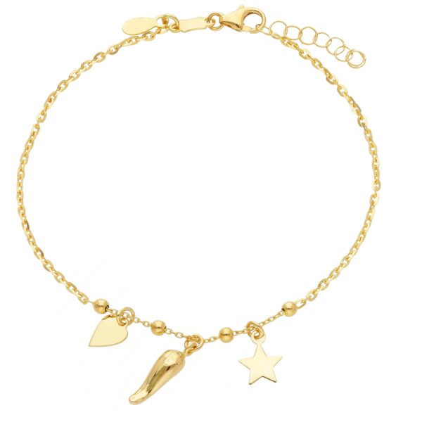 18 karat yellow gold bracelet with heart, Italian horn and star charms.  6.5 inches.  Made In Italy