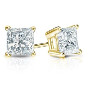 14 Karat Yellow Gold Princess Diamond Stud Earrings