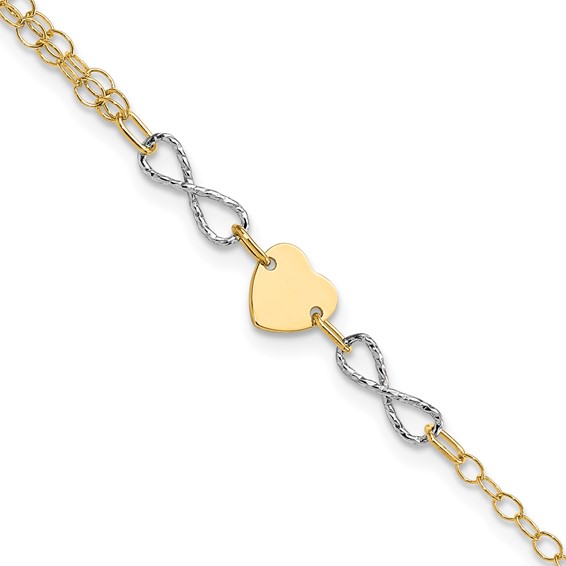 14 karat two-tone gold infinity and heart bracelet. 7 inches.