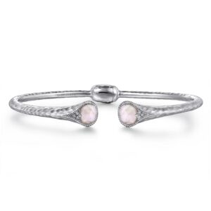 Sterling silver rock crystal and pink mother of pearl split bangle by Gabriel & Co.