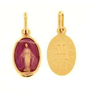 18 karat yellow gold Miraculous Madonna pendant with violet enamel. MADE IN ITALY.