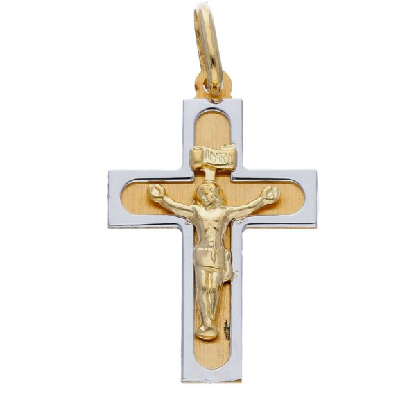 14 karat white and yellow gold crucifix pendant. MADE IN ITALY.