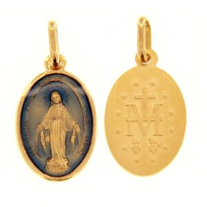 18 karat yellow gold Miraculous Madonna pendant with blue enamel. MADE IN ITALY.
