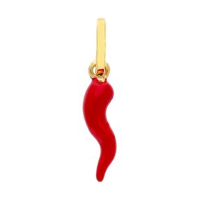 18 karat yellow gold Italian Horn pendant with red enamel. MADE IN ITALY.