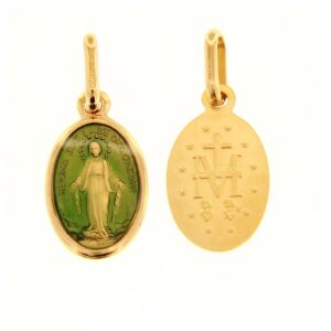 18 karat yellow gold Miraculous Madonna pendant with green enamel. MADE IN ITALY.