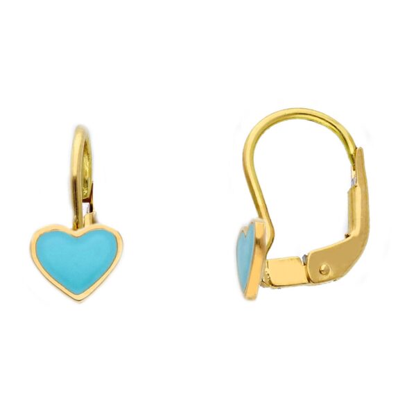 18 karat yellow gold lever back earrings with blue enamel heart. MADE IN ITALY.