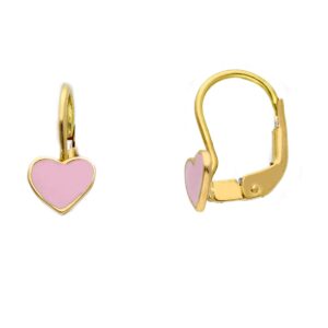 18 karat yellow gold lever back earrings with pink enamel heart. MADE IN ITALY.