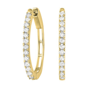 14 karat yellow gold diamond hoop earrings with 1 CT total weight of round brilliant diamonds.