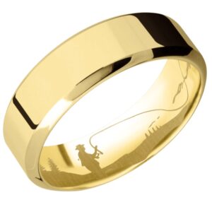 14 karat yellow gold wedding band with fly fishing engraving. 7.0mm.