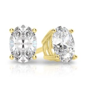 14 Karat Yellow Gold Oval Diamond Stud Earrings With Created Diamonds