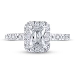 14 Karat Halo Engagement Ring With 1.5 Ct Emerald Cut Newborn Created Diamond