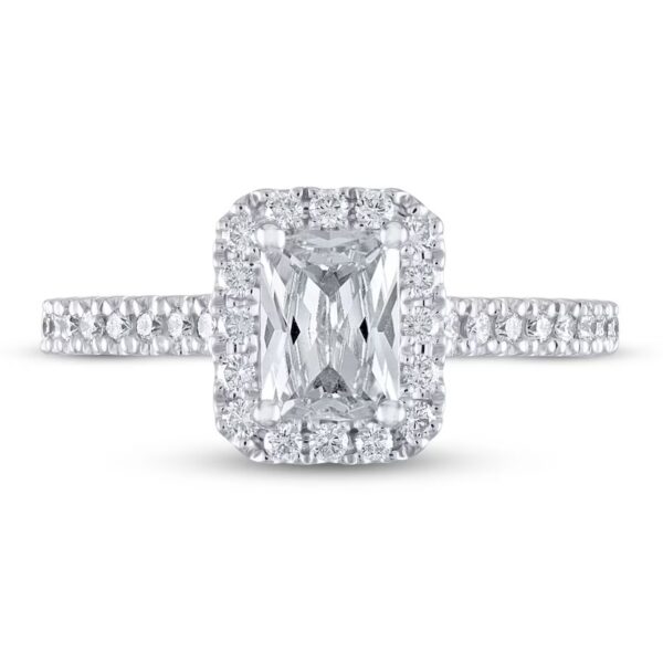 14 Karat Halo Engagement Ring With 1.5 Ct Emerald Cut Newborn Created Diamond