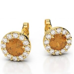 14 karat white gold citrine earrings with 1/5 carat total weight of round diamonds.