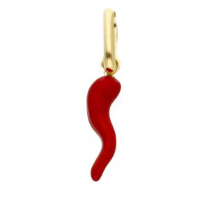 9 karat yellow gold red enamel Italian Horn pendant. MADE IN ITALY.