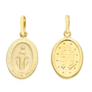14 karat yellow gold Miraculous Madonna pendant. MADE IN ITALY.