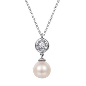Sterling silver pearl pendant with white sapphires by Gabriel & Co.