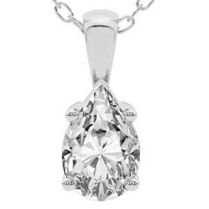 14 karat white gold diamond solitaire pendant with pear cut Newborn Created Diamond.