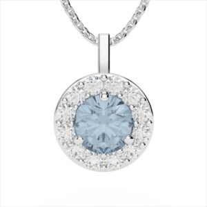 14 karat white gold aquamarine pendant with round brilliant diamonds.
