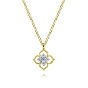 14 karat yellow gold diamond clover pendant by Gabriel & Co.