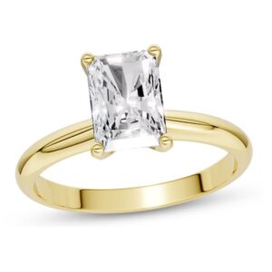 14 karat yellow gold diamond engagement ring with one 1 1/4 ct radiant cut center Newborn Created Diamond.