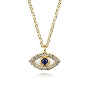 14 karat yellow gold Evil Eye diamond and blue sapphire white enamel pendant by Gabriel & Co.