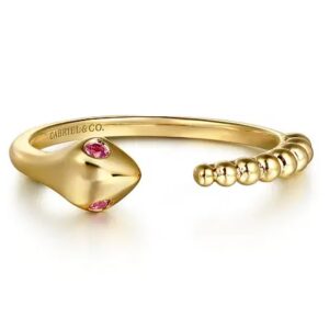 14 karat yellow gold stackable snake ring with 2 rubies by Gabriel & Co.