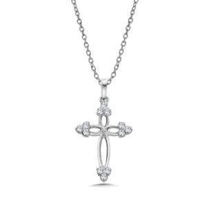 14 karat white gold diamond cross pendant containing 1/10 carat total weight of round diamonds.