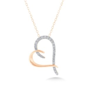10 karat rose gold diamond heart pendant with 1/16 carat total weight of round brilliant diamonds.