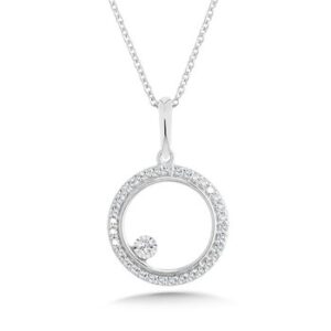 10 karat white gold pendant with 1/10 carat total weight of round brilliant diamonds.