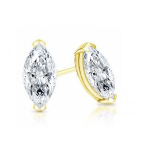 Set in 14 karat yellow gold, these diamond stud earrings feature created marquise cut diamonds. 1 carat total weight.