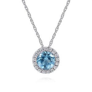 14 karat white gold diamond and blue topaz pendant by Gabriel & Co.
